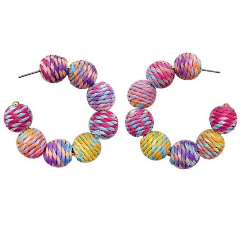 NEW Colorful Jute Straw Swirl Wrap Ball Cluster Half Hoop Statement Earrings
